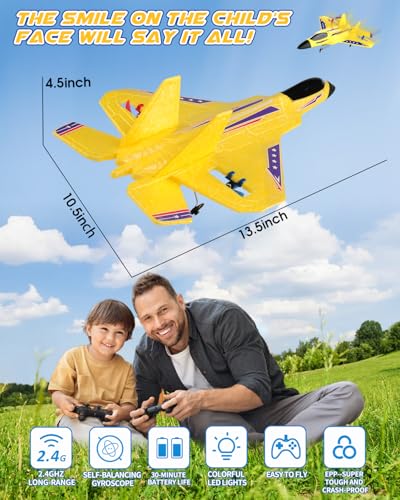 ANTSIR F22 RC Plane Easy to Fly Foam Jet Toy Gift for Kids Beginner, Yellow | 2.4GHz, 2CH, Gyro Stabilizer, LED Light, 2 Rechargeable Batteries, Boys 1th RC Glider - color: Yellow F22-2 Batteries Kf