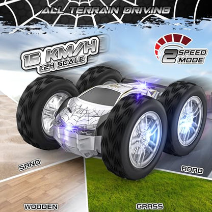 Double Sided Remote Control Car for Kids Boys 4-7, Spider RC Flip Stunt Car with Changeable Lights, Easter Birthday Gift for 3 4 5 6 7 8 9 Year Old Girl Cool Stuff Race Car Carros Para Niños 3+ Años - color: Silver