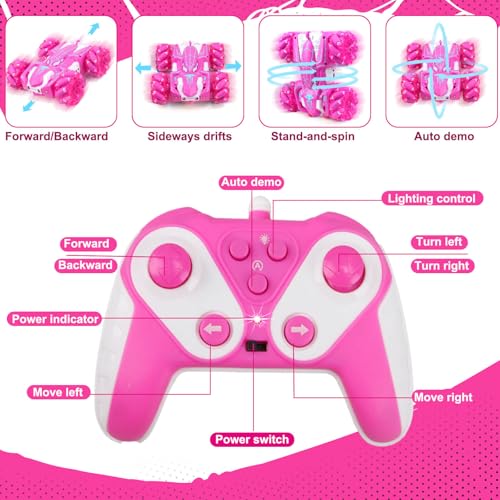 Dolanus Girls Toys Spider Remote Control Car, Age 3+, Kids Gift, Pink | RGB Wheel Lights, Dual Sided Stunts, 360° Spins, Sideways Drifts, USB Charging, 2.4GHz Control, for 3 4 5 6 7 8 12 Year Old