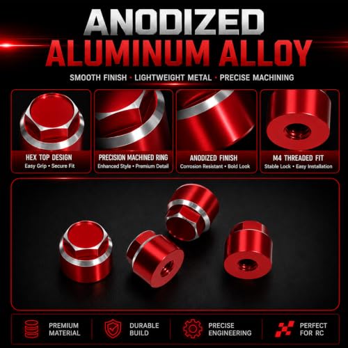 4PCS M4 RC Wheel Nuts, Dustproof Rim Center Cap Hub Nuts for 1/10 TRX4 | Aluminum Wheel Center Cap Nuts with Mini Cross Wrench for TRX4 TRX6 SCX10 SCX10 II D90 Redcat Tamiya HPI 1/10 RC Car, Red - color: Red