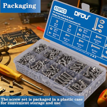 570Pcs Phillips Pan Head Nuts and Bolts Assortment Kit#6-32#8-32#10-24 | 304 Stainless Steel Machine Screws and Washers Fully Threaded Fastener with lengths from 1/4" to 1" for DIY, Furniture Repair - size: SS #6#8#10 570PCS