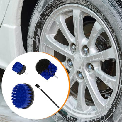 4PCS Drill Brush Attachment Kit with Extension Rod, Blue | PP bristles with steel shafts, three brush sizes, quick-change extension rod, follows curved surfaces, compact storage - color: Blue