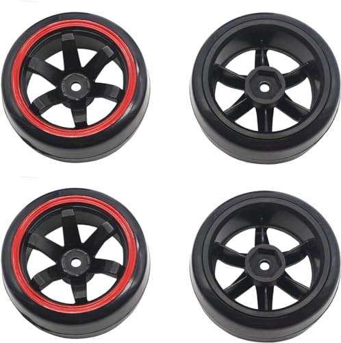 4PCS 1/10 RC Drift Car Tires Smooth Hard Tyre Plastic Wheel Rims Set Replacement for HSP Tamiya HPI Kyosho On-Road Drifting Car(Black/Red) - color: Black/Red