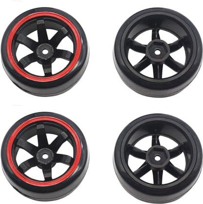 4PCS 1/10 RC Drift Car Tires Smooth Hard Tyre Plastic Wheel Rims Set Replacement for HSP Tamiya HPI Kyosho On-Road Drifting Car(Black/Red) - color: Black/Red