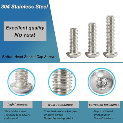 M6 x 10mm 14mm 18mm 20mm 25mm Button Head Socket Cap Screws Bolts, Stainless Steel 304, Metric Allen Hex Drive, Bright Finish, Fully Threaded, Assortment Kit 50PCS - size: Button M6x10-25 mm