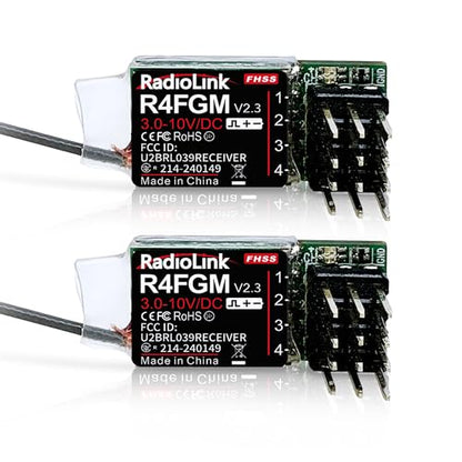 Radiolink 2.4Ghz R4FGM V2.3 RC Receivers 2pcs 4 Channels Integrated Gyro, Mini Size Receiver for 1:28 Scale Car/Boat, Works for Remote RC8X/RC4GS V3/RC6GS V3/T8S/T8FB/T12D/T16D
