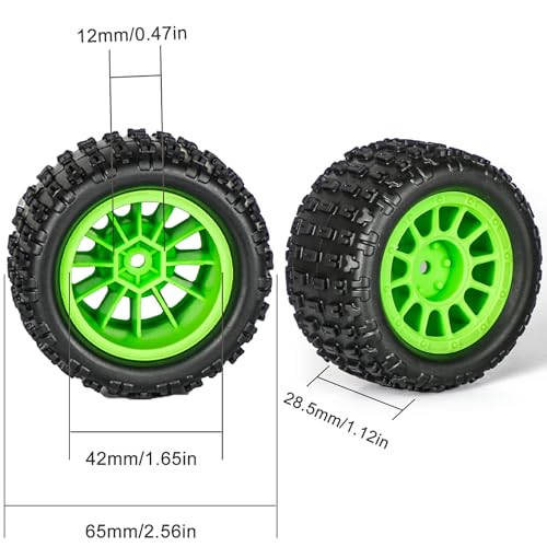 Pre-Glued 1/16 & 1/18 RC Truck Tires & Wheels - 12mm Hex 2.56" OD, Green | All-Terrain Tires for Traxxas Slash, ARRMA Mojave GROM, Tamiya, Kyosho, HPI - Durable Nylon Wheels for On/Off Road Bashing - color: Green