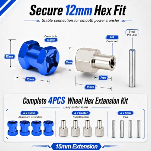 4PCS 12mm Hex Hub 15mm Aluminum Extension Hex for Axial SCX10 D90 90046 | 15mm CNC Wheel Hex Extenders for 1/10 RC Crawlers Redcat Gen7/Gen8 CC01 RC4WD Wider Stance & Tire Clearance with M4 Nuts Pins - color: Darkblue