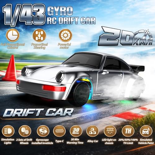 RC Drift Car, 1/43 Mini RC Drift Car with Gyro, 2.4GHz Full Proportional Control, 20KM/H 4WD High Speed Remote Control Alloy, LED Lights & Drift Tires, Toys Gift for Adults, Boys and Girls - color: Silver