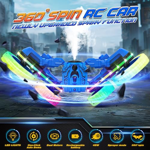 Jimdella RC Cars Toys, 2-in-1 Remote Control Car Transform 4WD with Spray & LED Lights, 2.4GHz Off-Road Stunt Truck for 360° Flips Gift for Boys Age 8-12 (Blue) - color: Blue