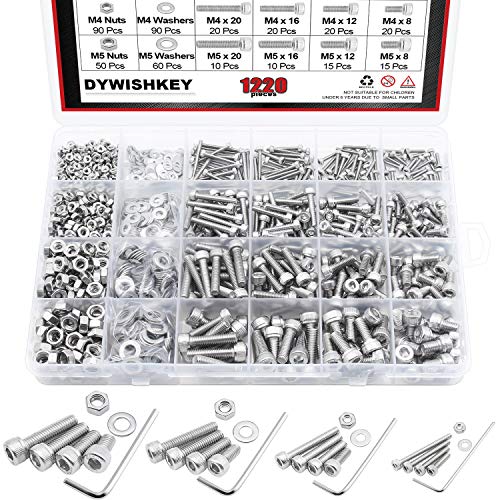 DYWISHKEY 1220 PCS M2 M3 M4 M5, 304 Stainless Steel Hex Socket Head Cap Bolts Screws Nuts Washers Assortment Kit with Hex Wrenches - color: silver-white