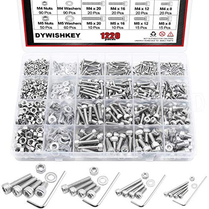 DYWISHKEY 1220 PCS M2 M3 M4 M5, 304 Stainless Steel Hex Socket Head Cap Bolts Screws Nuts Washers Assortment Kit with Hex Wrenches - color: silver-white