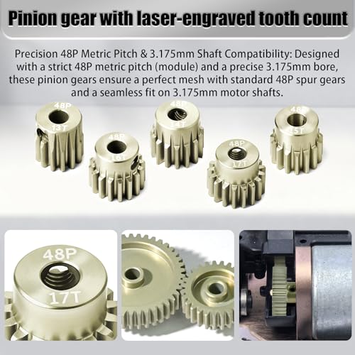 5Pcs 48P Aluminum Alloy Pinion Gear Set 3.175mm 13T 14T 15T 16T 17T Motor Pinion Gear W/ M4 Screw and Hex Key, Fit 3.175mm (1/8-Inch) Shaft, for Arrma HPI Kyosho Losi Axial Traxxas Tamiya 1/10 RC Car - size: 48P-P-3.175mm-13-17T