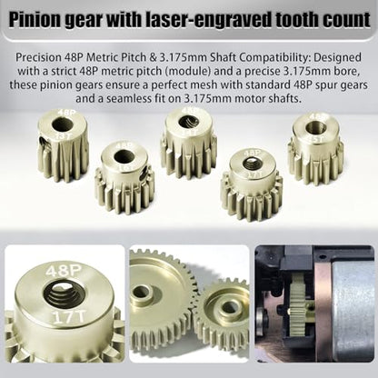 5Pcs 48P Aluminum Alloy Pinion Gear Set 3.175mm 13T 14T 15T 16T 17T Motor Pinion Gear W/ M4 Screw and Hex Key, Fit 3.175mm (1/8-Inch) Shaft, for Arrma HPI Kyosho Losi Axial Traxxas Tamiya 1/10 RC Car - size: 48P-P-3.175mm-13-17T