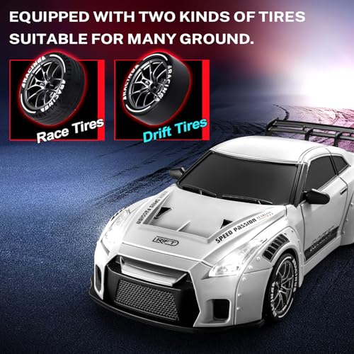 RC Drift Car, 1:24 Remote Control Car for Kids, 20KM/H 4WD High Speed RC Cars with LED Lights, Two Batteries, Extra Drifting Tires, Vehicle for Adults Boys Girls - color: S815 Light Gray