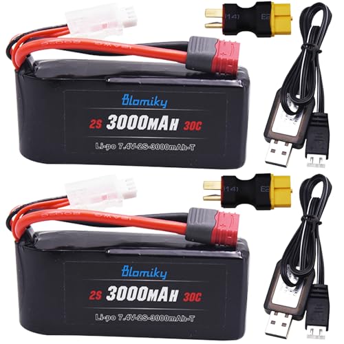 Blomiky 2 Pack 7.4V 2S 3000mAh Shorty T Plug Lipo Battery Pack with XT60 Converter Suitable for Wltoys 124019 144001 and Hyper Go H14BM 14211 14210 RC Trucks / 7.4V 3000mAh T