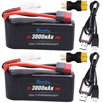 Blomiky 2 Pack 7.4V 2S 3000mAh Shorty T Plug Lipo Battery Pack with XT60 Converter Suitable for Wltoys 124019 144001 and Hyper Go H14BM 14211 14210 RC Trucks / 7.4V 3000mAh T