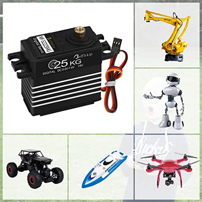 25KG Metal Gear RC Servos, Black and White, 2-Pack | Waterproof high-torque servos with 25T horns and 180° control for RC cars, crawlers, robots and steering systems.