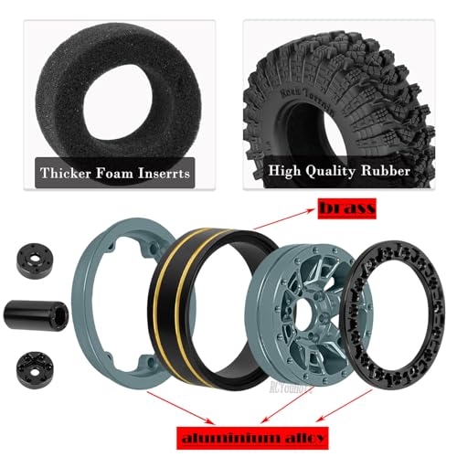 RC 1.3" Beadlock Tires Wheels for 1/18 1/24 Trx4m SCX24 FCX24 Ascent-18 RC Crawler Car,4pcs 1.3 Inch Wheel Rim Soft Rubber Tires,Titanium - color: Titanium-(1.3" Beadlock Tires）
