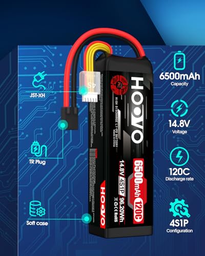 HOOVO 4S Lipo Battery 14.8V 6500mAh 120C RC Battery Pack with TR Plug for Maxx X-Maxx RC Car Truck Buggy Crawler Helicopter Drone,2Packs