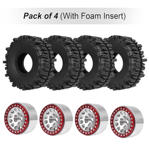 HobbyPark Soft Rubber 1/10 RC Crawler 1.9 Mud Slingers Tires 4.7inch 120mm and 1.9 Beadlocks Wheels Set for Scale RC4WD Axial SCX10 TRX4 Redcat Gen 8 Good Grip w/Foams (Silver & Red Rims) - color: Silver & Red Rims