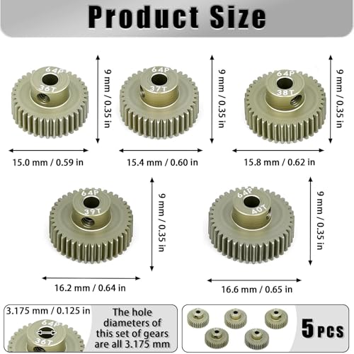 5Pcs 64P Aluminum Alloy Pinion Gear Set 3.175mm 36T 37T 38T 39T 40T Motor Pinion Gear W/ M4 Screw and Hex Key, Fit 3.175mm (1/8-Inch) Shaft, for Arrma HPI Kyosho Losi Axial Traxxas Tamiya 1/10 RC Car - size: 64P-3.175mm-36-40T