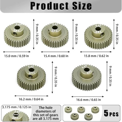 5Pcs 64P Aluminum Alloy Pinion Gear Set 3.175mm 36T 37T 38T 39T 40T Motor Pinion Gear W/ M4 Screw and Hex Key, Fit 3.175mm (1/8-Inch) Shaft, for Arrma HPI Kyosho Losi Axial Traxxas Tamiya 1/10 RC Car - size: 64P-3.175mm-36-40T