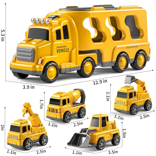 JUKUDAHU Construction Trucks for Kids 3-5 Years Old - Transport Vehicle | 1 Carrier Trucks for Kids with 4 Car Toy, Kids Excavator Crane, Sound and Light, 3+ Year Old Boy Gifts Birthday Toy - style: 5 IN 1 Construction Truck