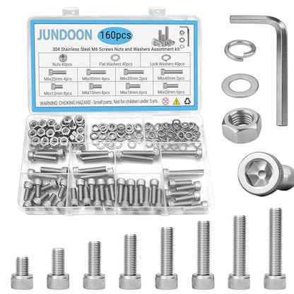 160Pcs M6 Hex Socket Head Screw Kit with Nuts Flat Lock Washers | 304 stainless steel M6 hex socket cap screws. 8 sizes M6x12-40mm with hex wrench for CNC, 3D printer, RC and DIY projects. - color: 160pcs M6