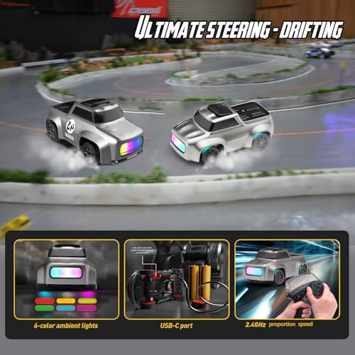 ANTSIR 1/64 RC Drift Car, 7 Colorful LED Lights 4WD RTR Racing Sports Gift | 2.4GHz,15KM/H High Speed, Drifting/Race Tires, Desktop Remote Control Car, Proportional Throttle, Adults & Teens, Silver Gray - color: Matte Gray Concept Model