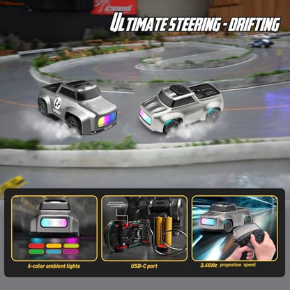ANTSIR 1/64 RC Drift Car, 7 Colorful LED Lights 4WD RTR Racing Sports Gift | 2.4GHz,15KM/H High Speed, Drifting/Race Tires, Desktop Remote Control Car, Proportional Throttle, Adults & Teens, Silver Gray - color: Matte Gray Concept Model