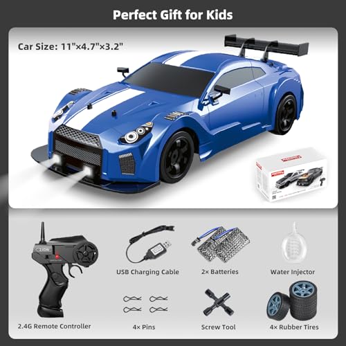 RC Drift Car 2.4GHz 1:16 Scale 4WD High Speed Remote Control Cars Vehicle with LED Lights Two Batteries and Drifting Tires Racing Sport Toy Cars for Adults Boys Girls Kids - color: Blue