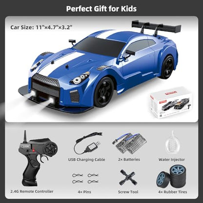 RC Drift Car 2.4GHz 1:16 Scale 4WD High Speed Remote Control Cars Vehicle with LED Lights Two Batteries and Drifting Tires Racing Sport Toy Cars for Adults Boys Girls Kids - color: Blue
