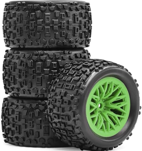 Pre-Glued 1/16 & 1/18 RC Monster Truck Tires, Soft Rubber Tire and Nylon Wheels Rims with 12mm hex Compatible with ARRMA 1/18 Granite/Typhon Grom, WLtoys A949, MJX Hyper Go H16 RC Buggy, 4PCS (Green) - color: Green