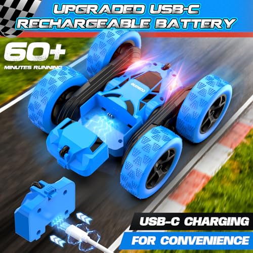 cosone Blue RC Stunt Car for Boys Kids | 2.4GHz Remote Control, 360° Spins & Double Sided Driving, LED Headlights, USB-C Rechargeable, Ages 4-8 8-12 - color: Blue Pro