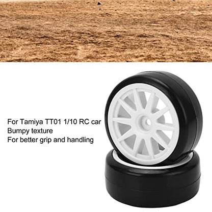 RC Drift Tires 4 Pcs | 12mm Hex Hard Rubber Tires for Tamiya TT01 1/10 RC Car | Replacement Tires for Drifting/Racing/Off - Road | Black Sturdy Plastic Wheels