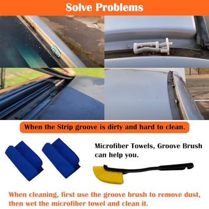5Pcs Car Weatherstrip Installation & Cleaning Tool Kit – 2 Microfiber Towels, Groove Brush, Dual-Head ABS Shovel & 90° Metal Hook for Trim Groove, Roof Seal & Sunroof Strip