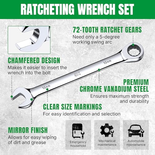 SK Ratchet Wrenches Set, SAE 1/4" to 3/4", Metric 6-18mm, 20-Piece | Ratcheting Wrench Set, Combination Wrench Set, 72-Tooth, Premium CR-V Steel, Chrome Plating Surface, Roll-Up Pouch - size: 20-Piece, SAE 1/4" to 3/4", Metric 6 to 18mm
