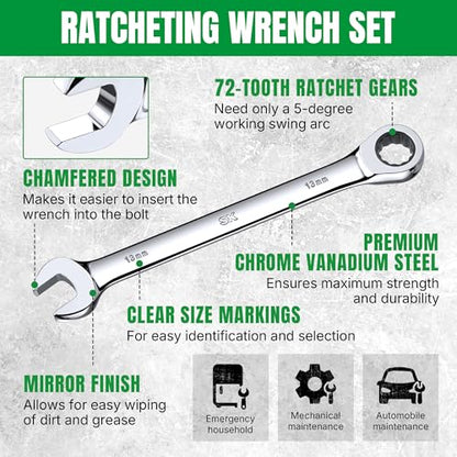 SK Ratchet Wrenches Set, SAE 1/4" to 3/4", Metric 6-18mm, 20-Piece | Ratcheting Wrench Set, Combination Wrench Set, 72-Tooth, Premium CR-V Steel, Chrome Plating Surface, Roll-Up Pouch - size: 20-Piece, SAE 1/4" to 3/4", Metric 6 to 18mm