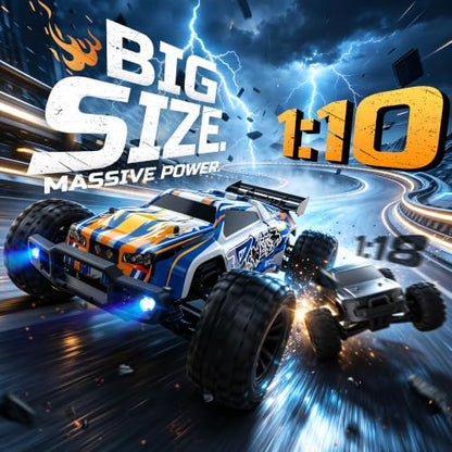 1:10 Large High Speed Remote Control Car with LED Shell Lights, 48+ KM/H, 4WD Offroad Monster Truck for Adults & Kids, Hobby RC Truck Vehicle, 2 Battery Crawler Toy Gift for Boy