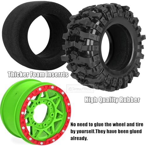 1/10 Scale RC Truck Tires,Wheels and Tires w/12/14/17MM Hex for Rustler Stampede Hoss,Arrm a Granite Vorteks Big Rock 3S,1/10 Off Road Tires Rubber Truck Tyres w/Foam Insert,Green w/Red - color: Green W/Red(4pcs)