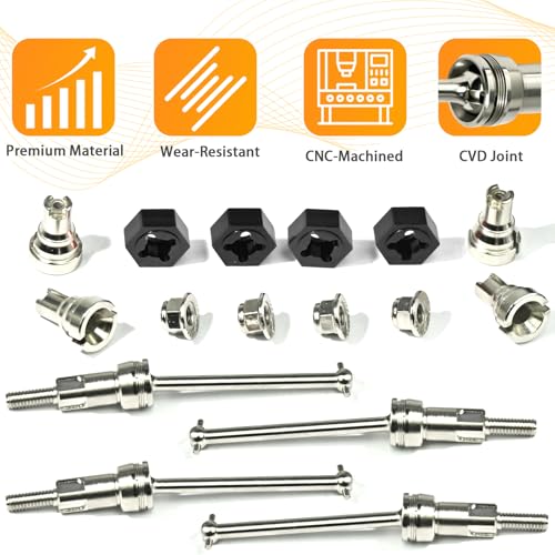 Hardened Steel CVD Drive Shafts Set with Adapters, Nuts, Center Drive Cups, Front Rear Dogbone Driveshaft Axles Upgrades Part for 1/16 Mojave Grom ARA2304, ARA2304S, ARA2104 (Silver, Black) - color: Silver-black