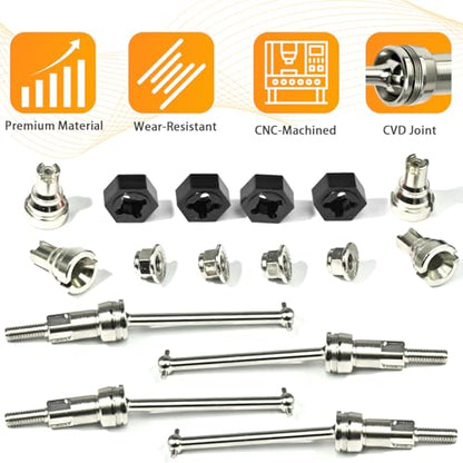 Hardened Steel CVD Drive Shafts Set with Adapters, Nuts, Center Drive Cups, Front Rear Dogbone Driveshaft Axles Upgrades Part for 1/16 Mojave Grom ARA2304, ARA2304S, ARA2104 (Silver, Black) - color: Silver-black