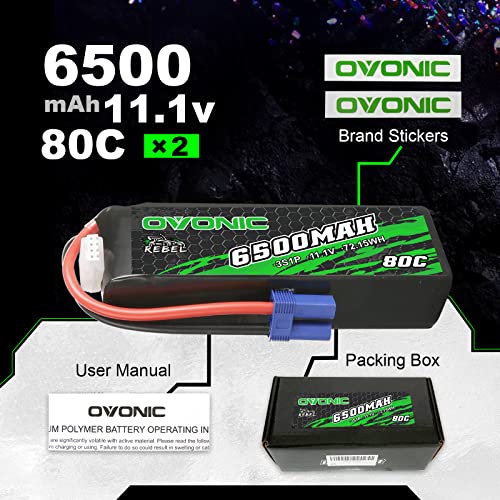 OVONIC Lipo Battery 6500mAh 80C 11.1V 3S RC Battery with EC5 Connector for RC Plane DJI Quadcopter RC Airplane RC Helicopter RC Car Truck Boat 2pcs