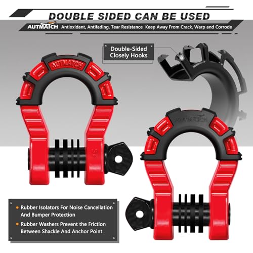 AUTMATCH D Ring Shackles 3/4" Mega Shackle (2 Pack) 68,000Ibs Break Strength - Heavy Duty Clevis Shackle 7/8" Screw Pin & Isolator Washer for Tow Strap Winch Off Road Vehicle Recovery, Red & Black - color: Red & Black