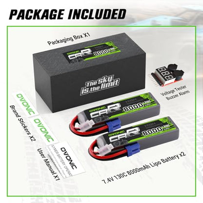 OVONIC 2S LiPo Battery 8000mAh 7.4V 130C RC Battery with EC5 Connector (2 Pack)(with Lipo Voltage Checker)
