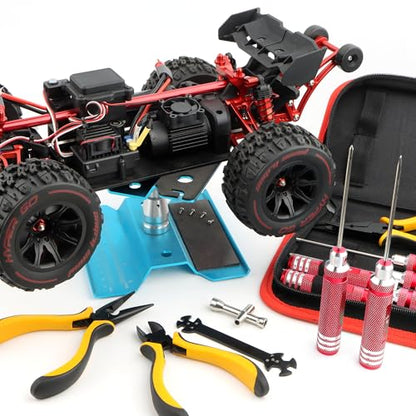 12 Pieces RC Car Repair Tool Kit with Hex Phillips Flat Screwdrivers, Pliers, Spanners, Wrenches–Hobby Tool Set Compatible with RC Car Drone Helicopter Airplane Boat Multirotor Models(Red) - color: Red