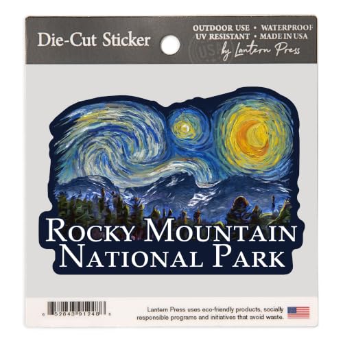 Lantern Press Sticker Rocky Mountain National Park, Starry Night National Park Series, Die Cut Vinyl, (Waterproof Decal for Cars, Water Bottles, Laptops, Coolers), Small - size: Small Sticker