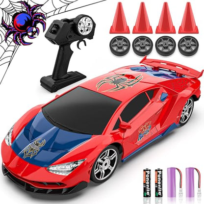 Spider RC Drift Car, 1:24 Remote Control Car 2.4GHz 4WD 15KM/H High Speed RC Cars with LED Lights Racing and Drifting Tire, Gifts Toy Car for Boys Kids 4-7 8-12