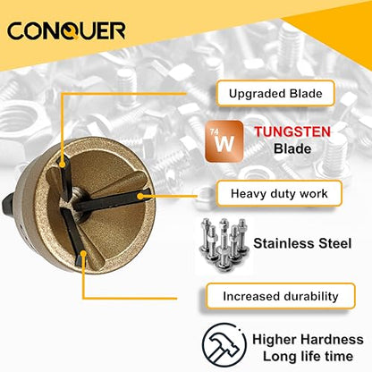 CONQUER Deburring External Chamfer Tool, Tungsten Blade, Fits 1/8"-3/4" | For Steel, Copper, Brass, Aluminum, PVC & Wood. 1/4" quick-release shank, spark-free 0-400 RPM. Repairs bolts, rods & pipes - size: PREMIUM TUNGSTEN Blade 1/8"-3/4"(3mm-19mm)